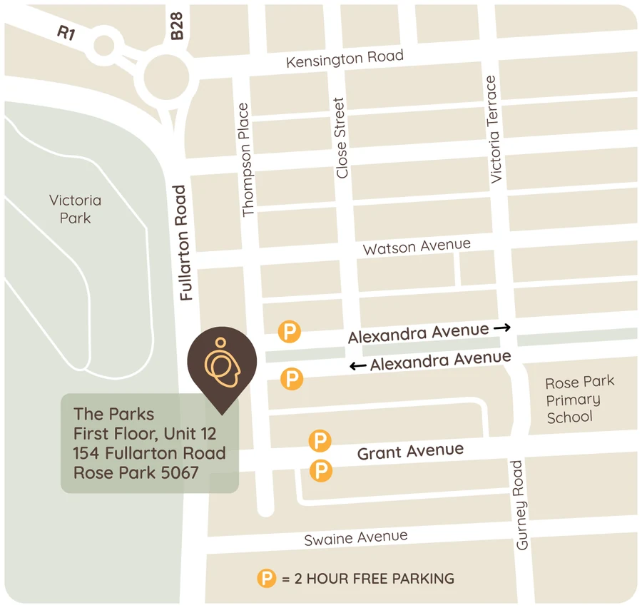 Map showing The Parks, First Floor, Unit 12, 154 Fullarton Road, Rose Park 5067, with 2-hour free parking on Alexandra Avenue and Grant Avenue
